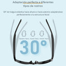 Graphic: black sunglasses demonstrate 30° temple flexibility for a perfect fit on square, round, or melon faces. Text mentions "Adaptación perfecta" and prominently features "30°".