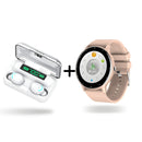 Peach smartwatch with round display & silicone band, paired with white wireless earbuds in a clear-top charging case displaying "100%". A clean graphic design of a product combo.