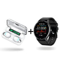 White wireless earbuds in clear-lid charging case (power bank) displaying "100%", plus a black round smartwatch showing 22:00, date, and fitness data. Modern tech combo on white. Graphic design.