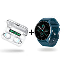 Graphic design: white wireless earbuds in an open charging case showing '100%' battery, beside a teal smartwatch with a round black display showing 'AUG 05', '23°C', and '089 BPM'. A tech combo.