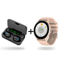 Black wireless earbuds in an open charging case showing "100%" battery & a round peach smartwatch with silicone band displaying "03:08" and "00000" steps. White background, graphic design.