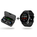 Black smartwatch with circular display showing 22:00, health data, & black silicone band. Beside it, an open black wireless earbud case displays "100" battery with blue-accented earbuds inside. Composite graphic.