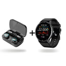 Black M10 wireless earbuds in their open charging case, displaying '100% Be Loud Be Proud,' alongside a black ZL02 smartwatch with a round, vibrant screen showing time, date, and health metrics.