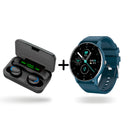 Black wireless earbuds in an open charging case with a '100' display. Next to it, a teal/blue smartwatch featuring a circular screen showing 'AUG 05 23°C' and '089 BPM'. Real product combo image.