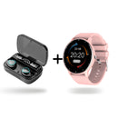 Black M10 earbuds in an open case with digital 100% display, 'Be Loud Be Proud' text. Paired with a pink ZL02 smartwatch showing 20:20, date, 23°C. White background graphic combo.