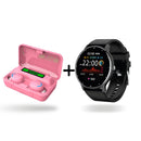 Pink wireless earbuds in an open charging case showing '100%' battery & 'OPEN' text. Next, a black round smartwatch displays 22:00, 02/08 MON, heart rate, and steps. Graphic product shot on white.