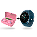 A teal smartwatch with a round black screen displaying date, steps, heart rate, and temp, next to a pink wireless earbuds charging case open to reveal pink earbuds and a '100%' charge display. Graphic on white.