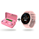 Pink smartwatch with round black display showing 20:20 and pink wireless earbuds in a charging case, displaying 100% battery. Modern tech combo ZL02+F9+PowerBank graphic on white.