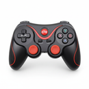 Black wireless game controller with red accents & textured grips. Features D-pad, colored A, B, X, Y, SELECT, START buttons, dual analog sticks, & central red HOME button. Real studio shot on white.