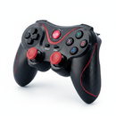 Black X3 wireless gamepad for Android/iPhone/PC with textured grips. Features red accents, dual red analog sticks, D-pad, "HOME" button, Select/Start, and colored A, B, X, Y buttons. Real image on white.