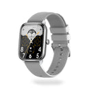 SmartWatch KT65 Pro: Silver rectangular case, light gray silicone strap with white underside, and silver buckle. The digital screen displays 'smart watch', 'Wed 06', time, and heart rate '104'. Modern, graphic design on white background.