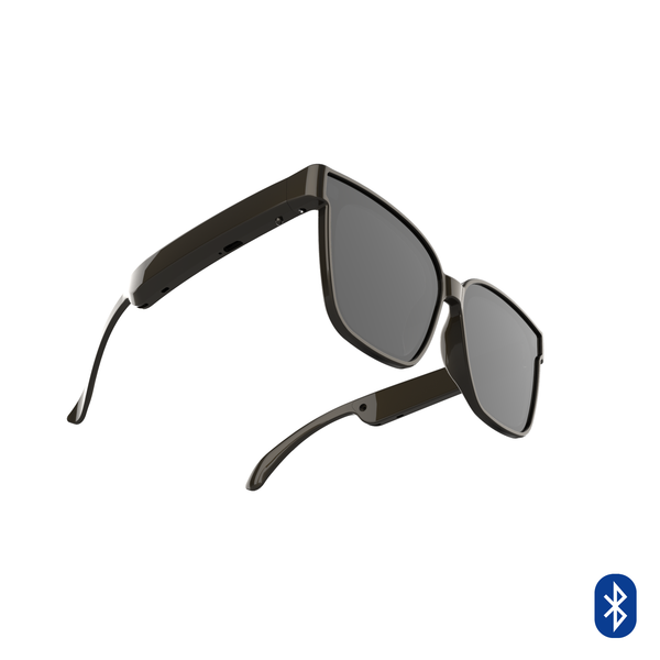 Sleek dark gray PA3 Bluetooth smart glasses, a graphic design. Features rectangular dark lenses and audio components integrated into the thick temples. Isolated on a white background with a blue Bluetooth logo.