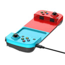 Red and cyan telescopic Gamepad BSP-D3 in smooth plastic, with black joysticks and multicolored buttons. A USB-C cable is plugged in, ideal for Android/iOS mobile gaming. Studio render on white.