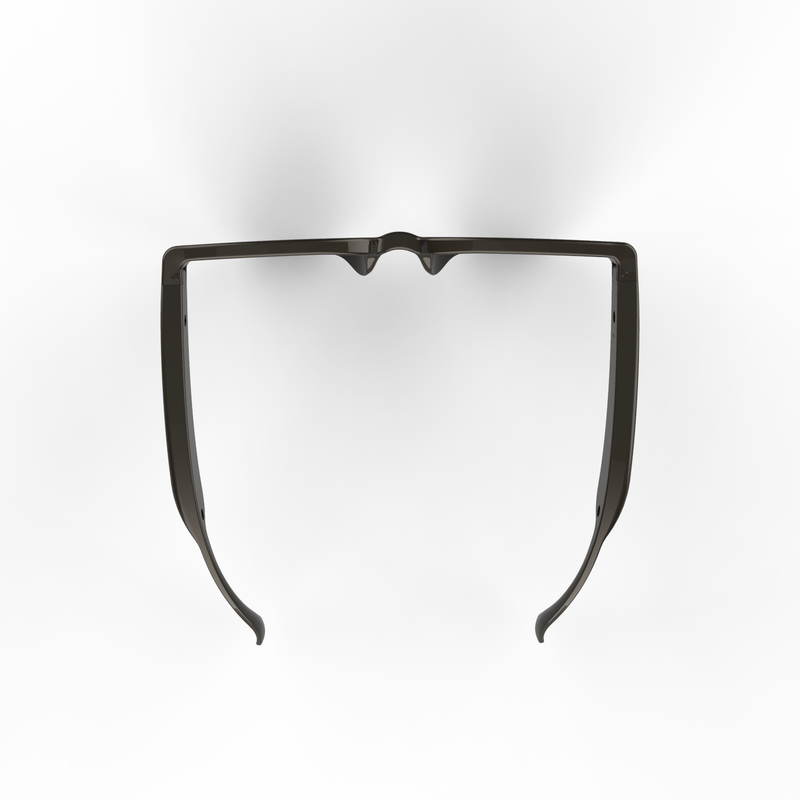 Top-down view of dark, glossy PA3 Bluetooth smart glasses frame with integrated audio temples. Sleek, minimalist design, rendered on white.