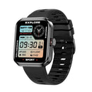 Black rectangular Smartwatch NX22 with textured silicone strap. Vibrant digital display shows 09:30 PM, MON 06-30, BATT 100%, and fitness stats. Bezel text: EXPLORE, INNOVATE, COLLABORATE. Graphic design.