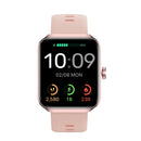 NX22 smartwatch with rose gold square case & light pink silicone band. Digital black screen shows 10:09, 02/08 MON, 48% battery, plus step & calorie icons. Graphic design on white background.