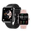 Black and rose gold Smartwatch NX22 with rectangular AMOLED screens. The black watch has a textured strap; the rose gold has a smooth strap. Both display time, date, GPS, fitness stats, and feature a side crown. Graphic design.