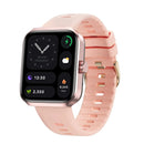 Smartwatch NX22 with a rose gold square case & pink textured silicone band. The AMOLED screen displays 08 JUN, 12:30, 8,245 Kcal, and fitness data. Features a gold buckle. Real product image.