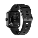 Back of a black Smartwatch NX22 GPS, featuring a matte silicone strap & square face. Visible text: "PEDOMETER", "HEART RATE SENSOR", "WATER RESISTANT WATCH", "INPUT: 5V", plus CE & FC marks. Studio product photo.