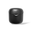 Black matte wireless earbud charging case. Sleek, rounded design with a metallic lid accent and four subtle indicator dots on the front base. Real product photo on white.