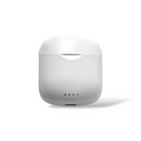 White, matte plastic Audífonos J220 Bluetooth 5.3 earbud charging case with a rounded, compact design. Features a subtle lid seam, four small indicator lights, and a charging port slit. Clean product photo on white.