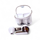 White J225 Bluetooth earbuds with transparent stems showing internal circuitry, next to an open, clear charging case with white interior and a metallic handle. Modern, glossy design product photo.