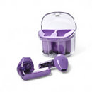 J225 Bluetooth 5.3 wireless earbuds, glossy purple plastic, one showing exposed internal circuitry with 'AIR7_V0.1 22102'. A matching clear-lidded charging case is nearby. Real product photo on white.