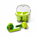 Audífonos J225 Bluetooth earbuds & clear charging case. Vibrant lime green earbuds, one disassembled showing 'AIR7_V0.1' circuitry. Case open, lime green interior. Real product photo on white.