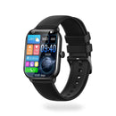 KT65 Pro SmartWatch, black with a rectangular screen displaying 09:40, weather, fitness stats (calories, BPM, distance, steps), and app icons. It has a textured black silicone strap, metal buckle, and side crown, on white.