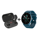 Matte black wireless earbuds in an open charging case showing 100% charge, alongside a dark teal smartwatch with a silicone band displaying AUG 05, 23°C, and 089 BPM. Clean product display graphic on white.