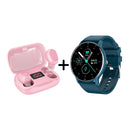 Pink wireless earbuds in an open charging case showing '100%' charge, beside a teal smartwatch with a round black screen displaying 'AUG 05 23°C' and '089 BPM' heart rate. Real image of ZL02+L21 Pro combo.