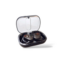 Black OWS-80 wireless earbuds in open charging case with clear lid, showing glowing red indicator lights. Studio photo.