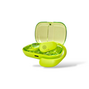 Neon green OWS-80 earbud with an ear hook rests in its open transparent-lid charging case. The case has a USB-C port; the earbud shows a speaker grille & indicator lights. Isolated product shot.