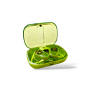 OWS-80 open-ear headphones, vivid green with transparent accents revealing internal circuits & red indicator lights, displayed in an open lime charging case with a translucent lid. Studio shot.