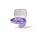 OWS-80 lavender open-ear headphones with a visible speaker grille, resting in their open charging case with a clear, transparent lid, isolated on a white background.