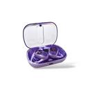 Purple OWS-80 wireless earbuds, with red internal lights visible, in their open translucent charging case with a clear lid. Real product photo on white.