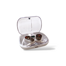 OWS-80 wireless earbuds in an open beige charging case with a transparent lid. The earbuds feature transparent dark gray sections, showing red lights. Real photo on white.