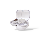 Audífonos OWS-80: White open-ear earbuds with ear hooks in an open, transparent charging case. Features visible speaker holes & a red charging indicator light. Real product photo on white.