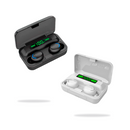 Two sets of F9 wireless earbuds & powerbank cases, one black with blue accents, one white. Both open cases display "100%" & battery icons on green LED screens.