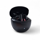 Audífonos Mate 90 Bluetooth 5.3 earbuds in their open, matte black charging case on white. The wireless earbuds have red lights & a stem design. Case shows a white LED indicator. Real photo.