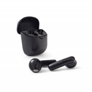 Audífonos J220 Bluetooth 5.3: Two sleek, matte black stem-style wireless earbuds lie beside their open charging case with 4 LED indicators. Real product photo on a white background, highlighting its compact design.
