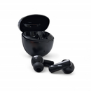 Matte black Audífonos Mate 90 TWS earbuds, with glossy bodies & matte silicone tips, displayed next to their open, sleek, matte black charging case. Isolated studio shot.