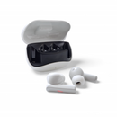 Mate 60 Pro matte white wireless Bluetooth earbuds with soft silicone tips. The matching open charging case has a black interior. One earbud shows a red light. Sleek, modern design, real product photo on white.
