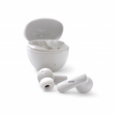 Matte white wireless in-ear earbuds with their open oval charging case. The sleek headphones are arranged on a clean white background, a real product photo.