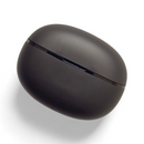 Audífonos Air7 matte black charging case. Smooth, oval plastic with a glossy black lid seam and a small blue LED light, resting on a white surface. Real product photo.