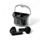 Black J225 Bluetooth 5.3 wireless earbuds with translucent plastic charging case. One earbud is disassembled, revealing internal circuit board "A07_V01 22102". Real product shot on white.