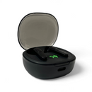 Black matte wireless earbud charging case open, revealing two shiny black earbuds inside. It features a translucent dark gray lid and a green digital screen showing "79". Real image.