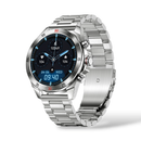 Silver brushed stainless steel smartwatch with polished case, a graphic design on white. Round black digital screen shows time, date, steps, heart rate, & calories in blue. The bezel has red '60' and minute markers.