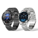 NX1 Pro smartwatches: a black and a silver version. Both feature elegant metal link bands & round faces with vibrant digital displays showing time, date, steps, & heart rate. High-quality graphic design.