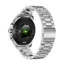 Back view of a silver metal smartwatch with polished case & link strap. Black sensor panel shows green light, 'WATER RESISTANT', 'HEART RATE SENSOR', 'PEDOMETER' text. Studio render.